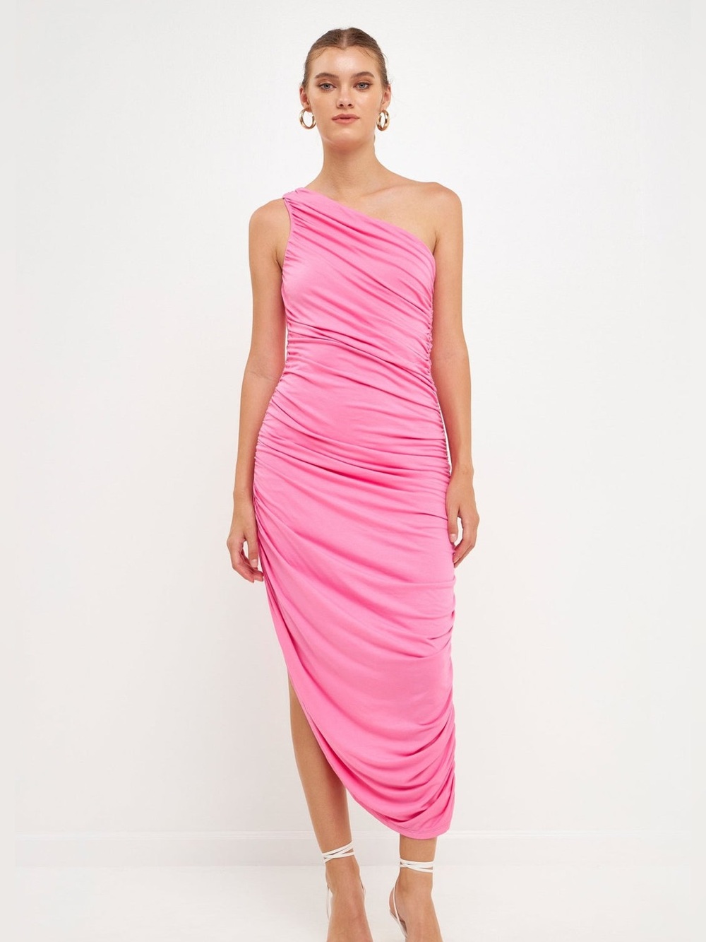 One-Shoulder Pink Ruched Midi Dress